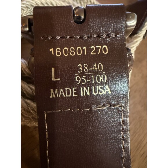 Mens Stretch Woven Belt L Khaki Brown Adjustable Leather Trim Golf Classic USA - Picture 4 of 6